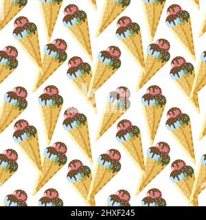 Motif crème glacée sans couture dessiné à la main dans un style de dessin animé. Glace dans un gobelet à gaufres sur fond blanc. Dessert. Boules de glace multicolores. Été Illustration de Vecteur