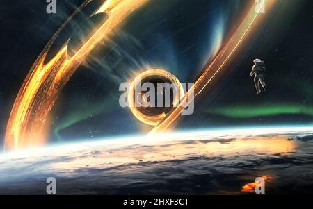 Trou noir absorbant la lumière dans les espaces profonds. 5K art de la science-fiction réaliste. Éléments d'image fournis par la NASA Banque D'Images