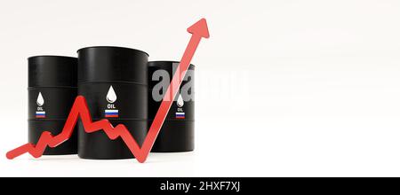 Concept d'augmentation des prix du pétrole. Barils de pétrole russe avec flèche croissante. Forte augmentation des coûts énergétiques. 3D rendu. Banque D'Images