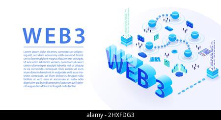 Infographie sur le vecteur isométrique Web 3,0. Illustration de la bannière large en bleu et blanc. Illustration de Vecteur