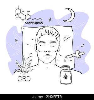 CBD pour un sommeil sain. Homme dormant avec préparation médicinale de cannabidiol. Huile de médecine avec cbd contre l'insomnie concept. Vecteur il Illustration de Vecteur