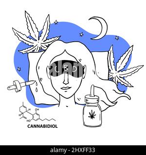 CBD cannabidiol pour sommeil sain bannière concept. Femme dormant dans un masque de sommeil avec préparation médicinale de teinture d'huile de CBD de chanvre. Vecteur carto Illustration de Vecteur