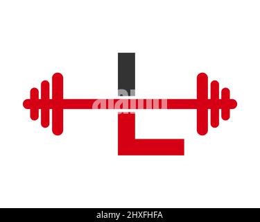 Logo de la salle de sport sur l'affiche lettre L. Gym et forme physique initiale lettre L logo modèle cloches Kettlebell logotype Illustration de Vecteur