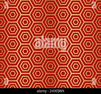 Motif géométrique abstrait décoratif en hexagones dorés sans couture sur fond rouge. Banque D'Images