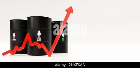 Concept d'augmentation des prix du pétrole. Barils de pétrole américains, russes et saoudiens avec flèche croissante. Forte augmentation des coûts énergétiques. 3D rendu. Banque D'Images