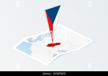 Carte isométrique sur papier de la République tchèque avec drapeau triangulaire de la République tchèque de style isométrique. Carte sur fond topographique. Illustration vectorielle. Illustration de Vecteur