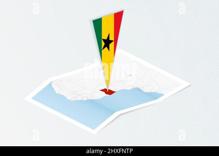 Carte papier isométrique du Ghana avec drapeau triangulaire du Ghana en style isométrique. Carte sur fond topographique. Illustration vectorielle. Illustration de Vecteur