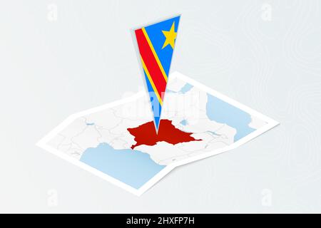 Carte papier isométrique de la RD du Congo avec drapeau triangulaire de la RD du Congo en style isométrique. Carte sur fond topographique. Illustration vectorielle. Illustration de Vecteur