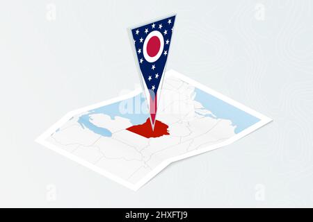 Carte papier isométrique de l'Ohio avec drapeau triangulaire de l'Ohio en style isométrique. Carte sur fond topographique. Illustration vectorielle. Illustration de Vecteur