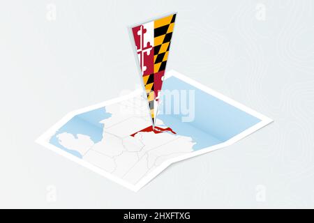 Carte papier isométrique du Maryland avec drapeau triangulaire du Maryland en style isométrique. Carte sur fond topographique. Illustration vectorielle. Illustration de Vecteur