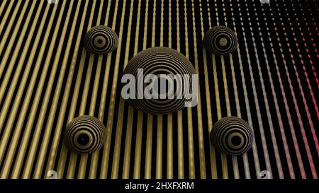 3D billes mobiles sur la surface virtuelle. Conception. Champ cybernétique avec lignes et boules multicolores en surface. Champ virtuel avec bulles rotatives et Banque D'Images