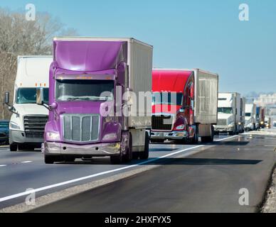 Plan horizontal d'un convoi multicolore de gros camions roulant sur l'Interstate. Banque D'Images