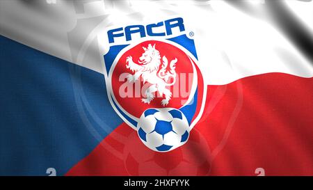 Drapeau volant avec logo de l'équipe nationale de football de la République tchèque, gros plan. Mouvement. Drapeau bleu, blanc et rouge abstrait avec l'emblème du Banque D'Images