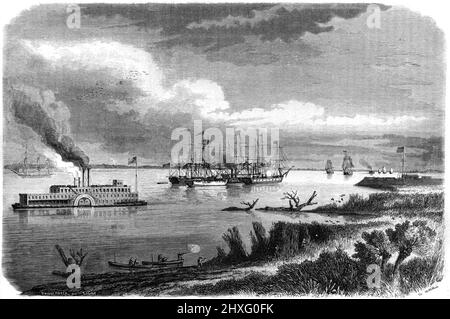 Paddle Steamer et de grands navires en bois sur le fleuve Mississippi États-Unis, États-Unis ou États-Unis d'Amérique. Illustration ancienne ou gravure 1860. Banque D'Images