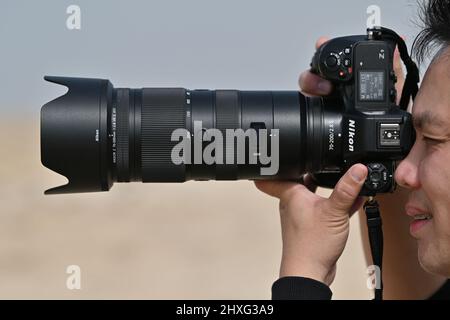 Hommes tenant Nikon Z9 sans miroir. Un jeune homme qui fait une séance photo. Banque D'Images