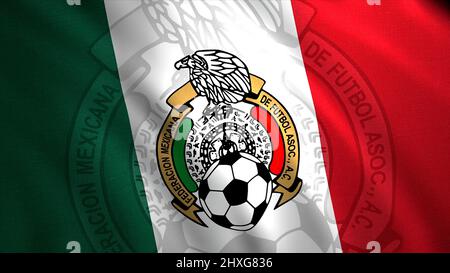 Drapeau de l'équipe de football de différents pays. Mouvement. Drapeau émouvant du pays avec image du ballon de football. Drapeau de l'équipe nationale mexicaine de football Banque D'Images