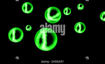Sphères lumineuses transparentes et colorées abstraites en rotation isolées sur fond noir, boucle sans couture. Conception. Formes rondes au néon Banque D'Images