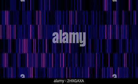 Bandes verticales violettes et roses multicolores clignotantes sur fond noir, boucle transparente. Mouvement. Segments réfléchissants courts et étroits en verre. Banque D'Images