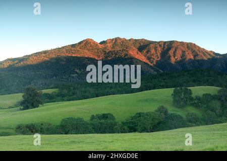 Coucher de soleil sur le Mont Diablo North Peak via donner Canyon à Springtime. Mt Diablo State Park, Contra Costa County, Californie, États-Unis. Banque D'Images