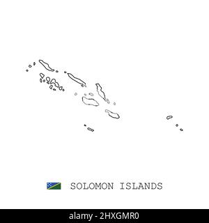 Ligne de carte des Îles Salomon, vecteur fin linéaire, contour simple et drapeau. Noir sur fond blanc Illustration de Vecteur