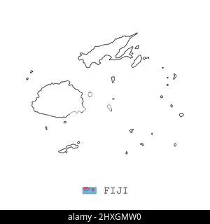 Ligne de carte de Fidji, vecteur fin linéaire simple contour et drapeau. Noir sur fond blanc Illustration de Vecteur