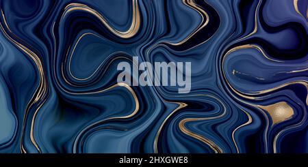 Texture pierre fluide en marbre agate avec or. Bleu effet marbruant fluide avec veine dorée. Résumé Agate arrière-plan. Illustration Banque D'Images