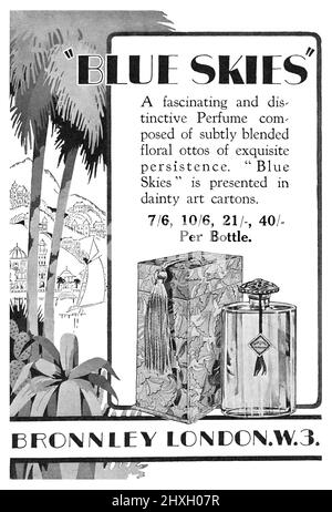 1929 Publicité britannique pour le parfum Blue Skies par Bronnley. Banque D'Images