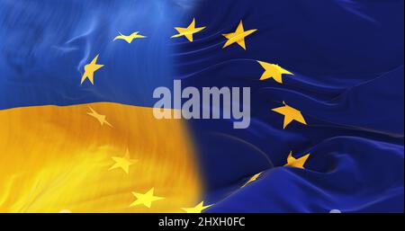 Minsk, Bélarus - Mai 2021: Drapeaux de l'Ukraine et de l'Union européenne sur fond ciel nuageux au coucher du soleil. Collaboration patriote concept. Ukreain dans l'UE. 3d i Banque D'Images