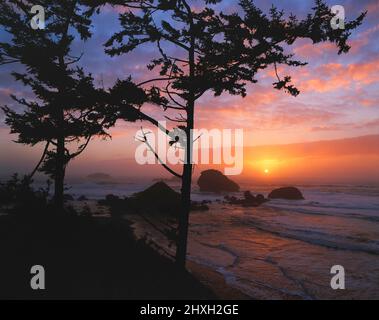 Californie, Crescent City, côte avec formations rocheuses, nature ; pittoresque ; beauté naturelle au coucher du soleil Banque D'Images