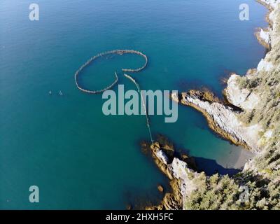 Vue aérienne d'un déversoir de pêche en forme de champignon dans l'anse Whale de Grand Manan Island Banque D'Images