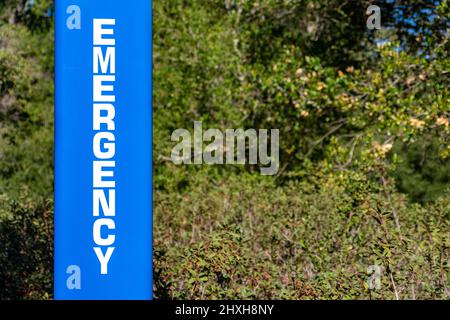 Panneau d'urgence sur téléphone bleu clair et système d'alarme, la boîte d'appel est un symbole de sécurité dans le parc de la ville, le siège social ou le campus de l'hôpital, sur les terrains scolaires. Banque D'Images