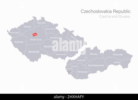 Carte de la Tchéquie et de la Slovaquie, République de Tchécoslovaquie, régions et capitale avec noms, gris sur fond blanc Illustration de Vecteur
