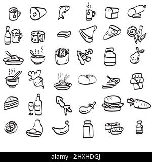 illustration vectorielle de l'ensemble d'icônes alimentaires dessinées à la main et isolées sur fond blanc Illustration de Vecteur