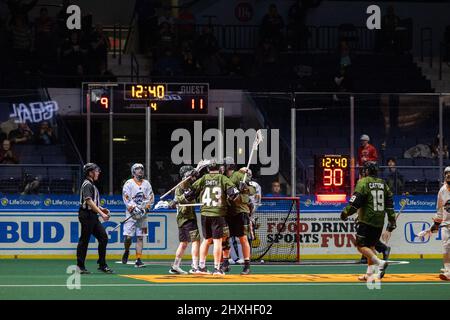 12 mars 2022 : les joueurs de Rochester Knighthawks fêtent après avoir obtenu leur score au quatrième trimestre contre la New York Riptide. Les Rochester Knighthawks ont accueilli la New York Riptide dans un match de la Ligue nationale de crosse à la Blue Cross Arena de Rochester, New York. (Jonathan Tenca/CSM) Banque D'Images
