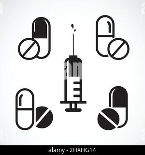 Ensemble vectoriel de pilules et de capsules et de seringues isolées sur fond blanc. Illustration vectorielle superposée facile à modifier. Illustration de Vecteur