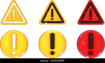 Mises en garde 3D ensemble. Autocollants en forme de triangle et de cercle d'avertissement. Danger, attention et point d'exclamation important. Elément de conception de rendu vectoriel réaliste. Illustration de Vecteur