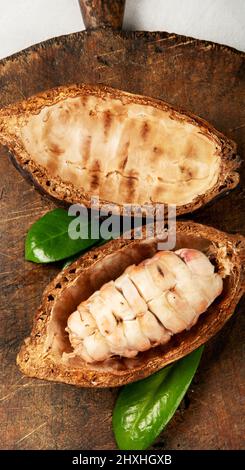 Gousse de cacao frais coupée exposant les graines de cacao sur fond blanc, vue du dessus. Banque D'Images