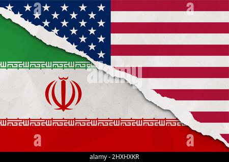 Le drapeau des États-Unis et de l'Iran a déchiré le papier grunge arrière-plan Banque D'Images