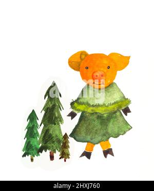 Illustration aquarelle avec des épinettes. Personnage drôle peint à la main sur fond blanc. Élément de carte de vœux de la nouvelle année 2019. Banque D'Images