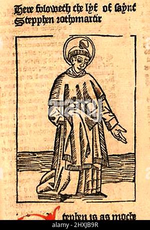 15th Century Woodcut montrant St Stephen, tel qu'imprimé par William Caxton ( 1422-1491/92) dans sa traduction de 'la Légende d'Or' ou 'donc endeth la legende nommée dans Lalyn legenda aurea qui est à saye en Englyshe la legende d'or' par Jacobus de Voragine, (Circa 1229-1298). Banque D'Images