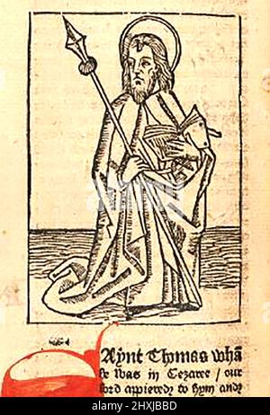 15th Century Woodcut montrant St Thomas, tel qu'imprimé par William Caxton ( 1422-1491/92) dans sa traduction de 'la Légende d'Or' ou 'donc endeth la legende nommée dans Lalyn legenda aurea qui est à saye en Englyshe la legende d'or' par Jacobus, de Voragine, (Circa 1229-1298). Banque D'Images