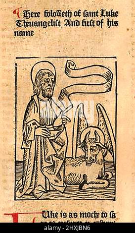 Coupe de bois du 15th siècle montrant St Luc l'évangéliste et sa représentation comme un taureau ailé, tel qu'imprimé par William Caxton ( 1422-1491/92) dans sa traduction de 'la Légende d'Or' ou 'donc endeth la legende nommé dans Latyn legenda aurea qui est à saye en Englyshe la legende d'or' par Jacobus, De Voragine (Circa 1229-1298). Banque D'Images