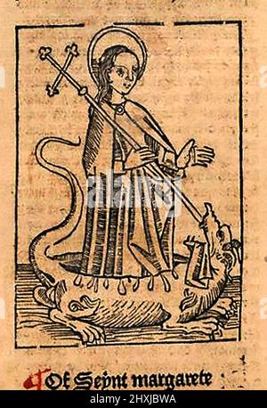 Coupe de bois du 15th siècle montrant St Margaret tuant un dragon, tel qu'imprimé par William Caxton ( 1422-1491/92) dans sa traduction de 'la Légende d'Or' ou 'donc endedende la legende nommée dans Lattin legenda aurea qui est à saye en Englyshe la legende dorée' par Jacobus, de Voragine, (Circa 1229-1298). Banque D'Images