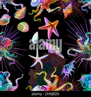 dessin fluide aquarelle de créatures marines. Poupes, étoiles de mer et coquillages sont les couleurs vives de l'arc-en-ciel sur un fond noir. Papier numérique Banque D'Images