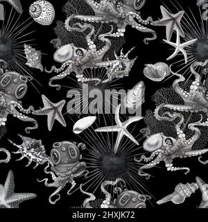 dessin fluide aquarelle de créatures marines. Pieuvres, étoiles de mer et coquillages sont noirs et blancs. Papier numérique Banque D'Images