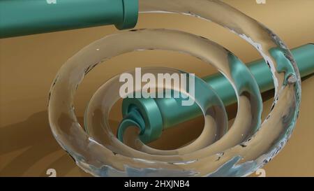 L'eau se déplace dans le tube en spirale. Conception. 3D animation de l'eau se déplaçant vers le haut du tube en spirale dans le tuyau. L'eau remonte le tube en spirale transparent sur les couleurs vives Banque D'Images