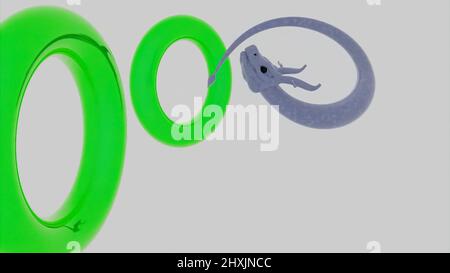 Magique dragon asiatique volant à travers des anneaux isolés sur un fond blanc. Conception. Animé traditionnel oriental genre animal à l'air Banque D'Images