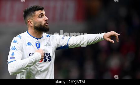 Milan, Italie. 12 mars 2022. Patrick Cutrone de Empoli FC gestes pendant la série Un match de football entre AC Milan et Empoli FC. Credit: Nicolò Campo/Alay Live News Banque D'Images