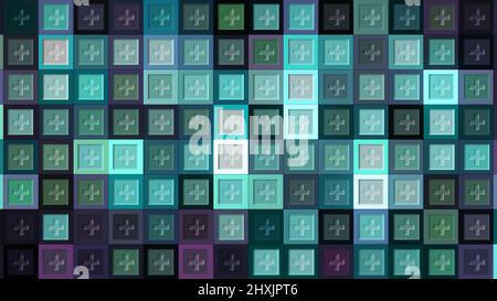 Arrière-plan dynamique animé avec des croix médicales multicolores qui clignotent sans cesse. Mouvement. Lignes de tuiles avec de petites lignes croisées en mouvement clignotant Banque D'Images