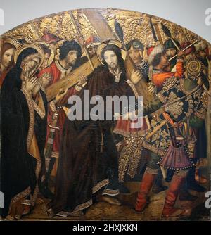 Panneau de l'embout d'albât. Jésus sur la route du Calvaire par Jaume Huguet (1414-1492). Depuis l'église Saint-Agustin Vell. Barcelone. Musée Frédéric Marés. BARC Banque D'Images